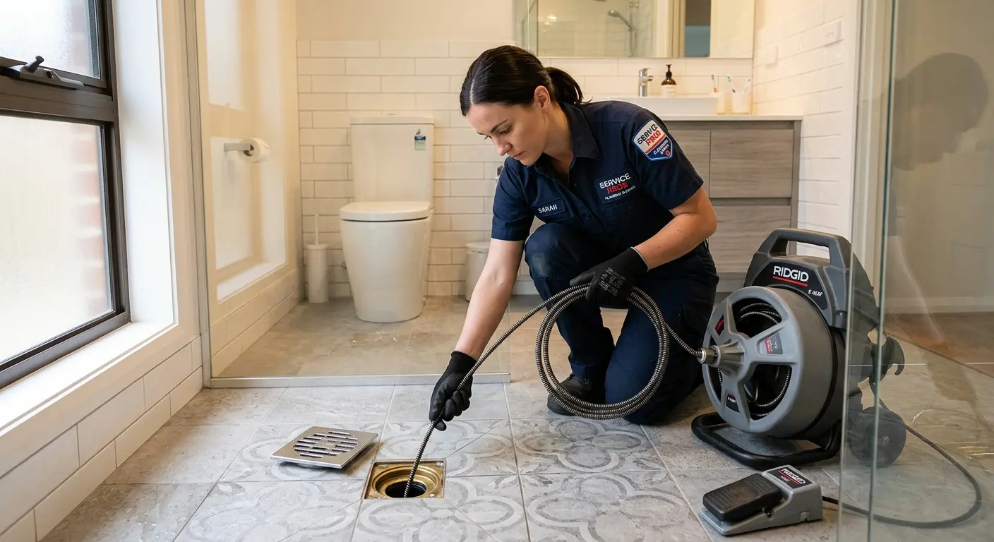 Technician clearing a bathroom floor drain for Drain Cleaning in Newton